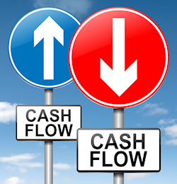 Illustration depicting two roadsigns with a cash flow concept. Blue sky background.